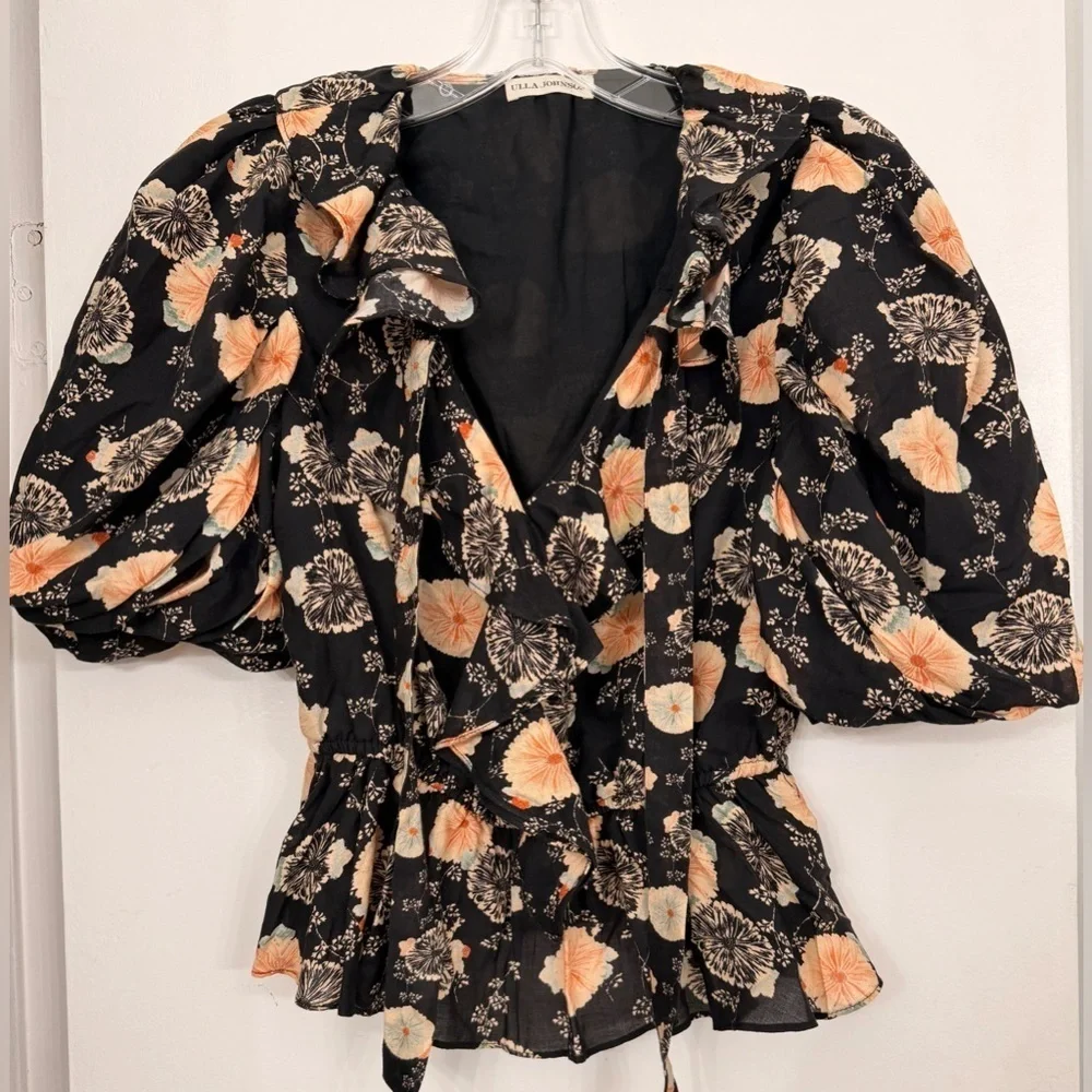 Ulla Johnson Nadya Short Sleeve Blouse Noir Floral Size 2